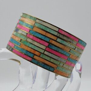 Vintage Style Wide Brass Mosaic Inlay Cuff Bracelet Made In India 8.25 in